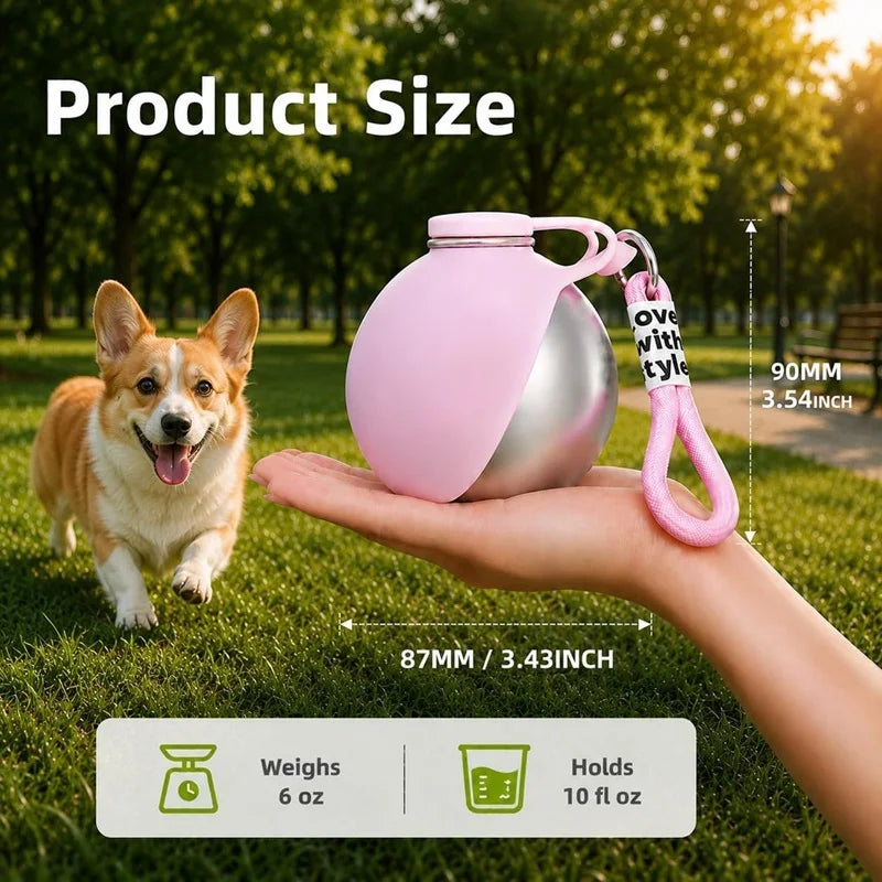 Edelstahl-Hundetrinkflasche 285 ml – tragbare, auslaufsichere 2-in-1-Wasserflasche mit Silikonnapf für Hunde, ideal für unterwegs, Reisen und Spaziergänge.