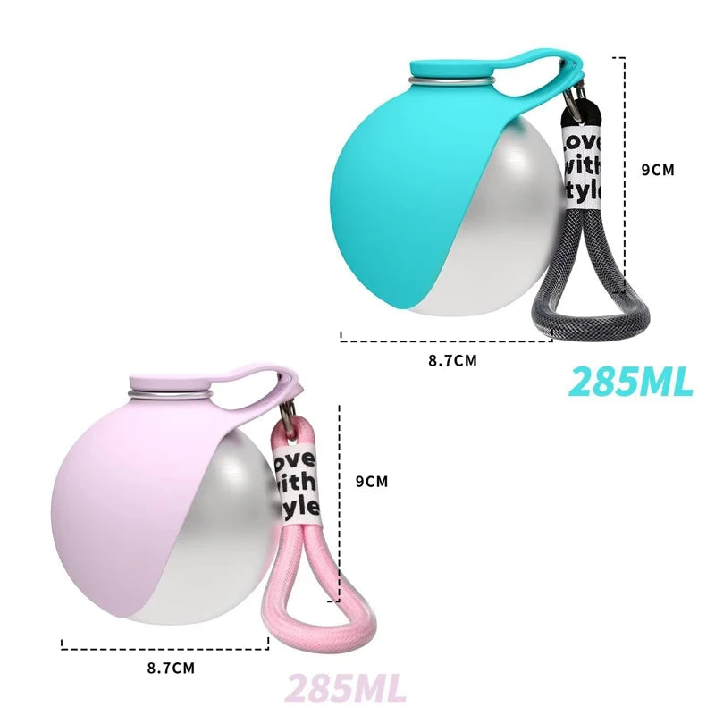Edelstahl-Hundetrinkflasche 285 ml – tragbare, auslaufsichere 2-in-1-Wasserflasche mit Silikonnapf für Hunde, ideal für unterwegs, Reisen und Spaziergänge.