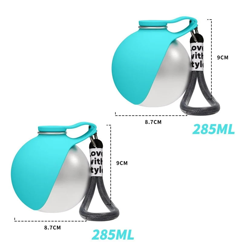 Edelstahl-Hundetrinkflasche 285 ml – tragbare, auslaufsichere 2-in-1-Wasserflasche mit Silikonnapf für Hunde, ideal für unterwegs, Reisen und Spaziergänge.